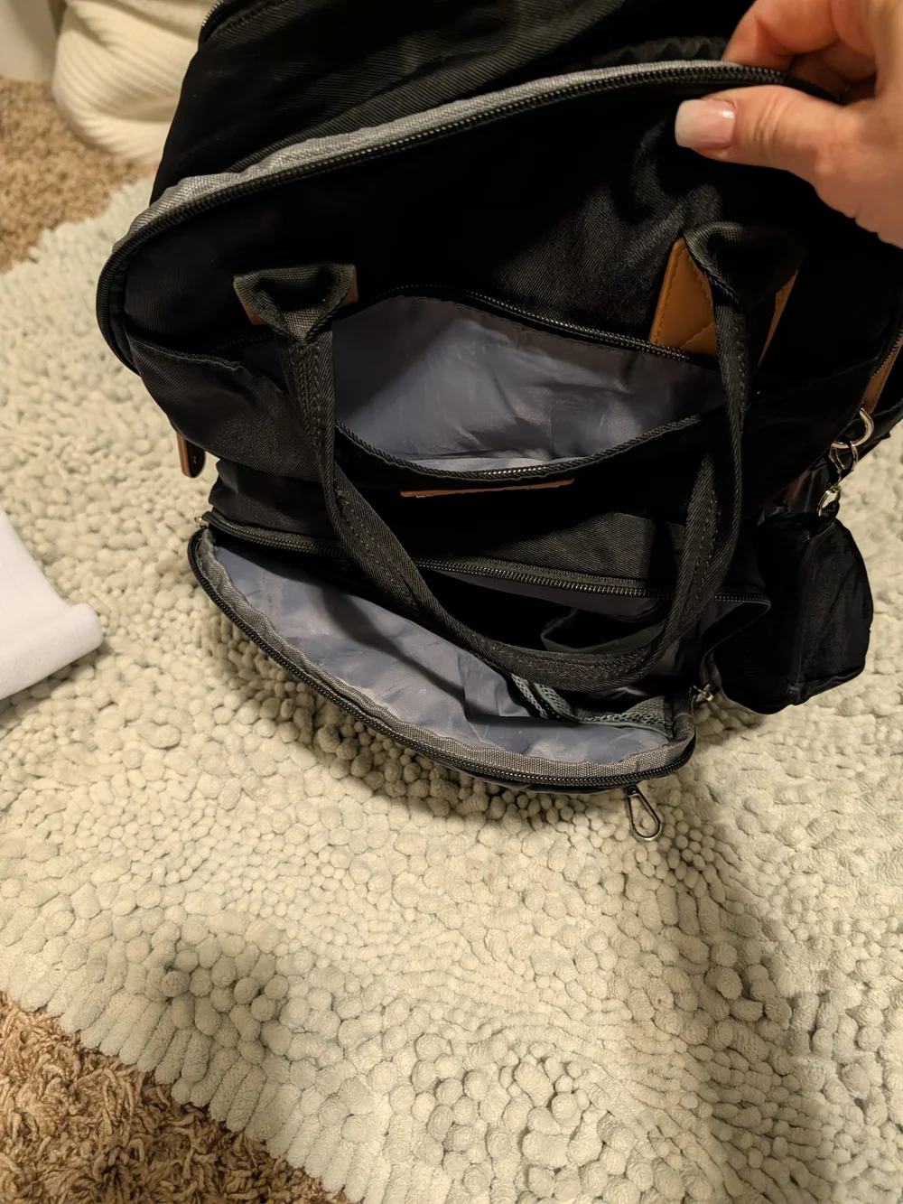 Baby Bag Black Nylon Backpack with Tan Accents